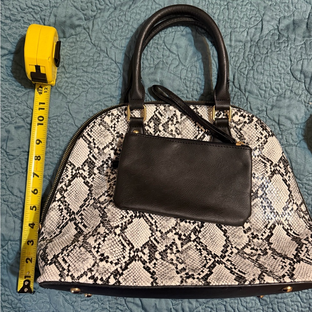 Vieta Bowler Bag Black and White Snake Print with coordinating wristlet
